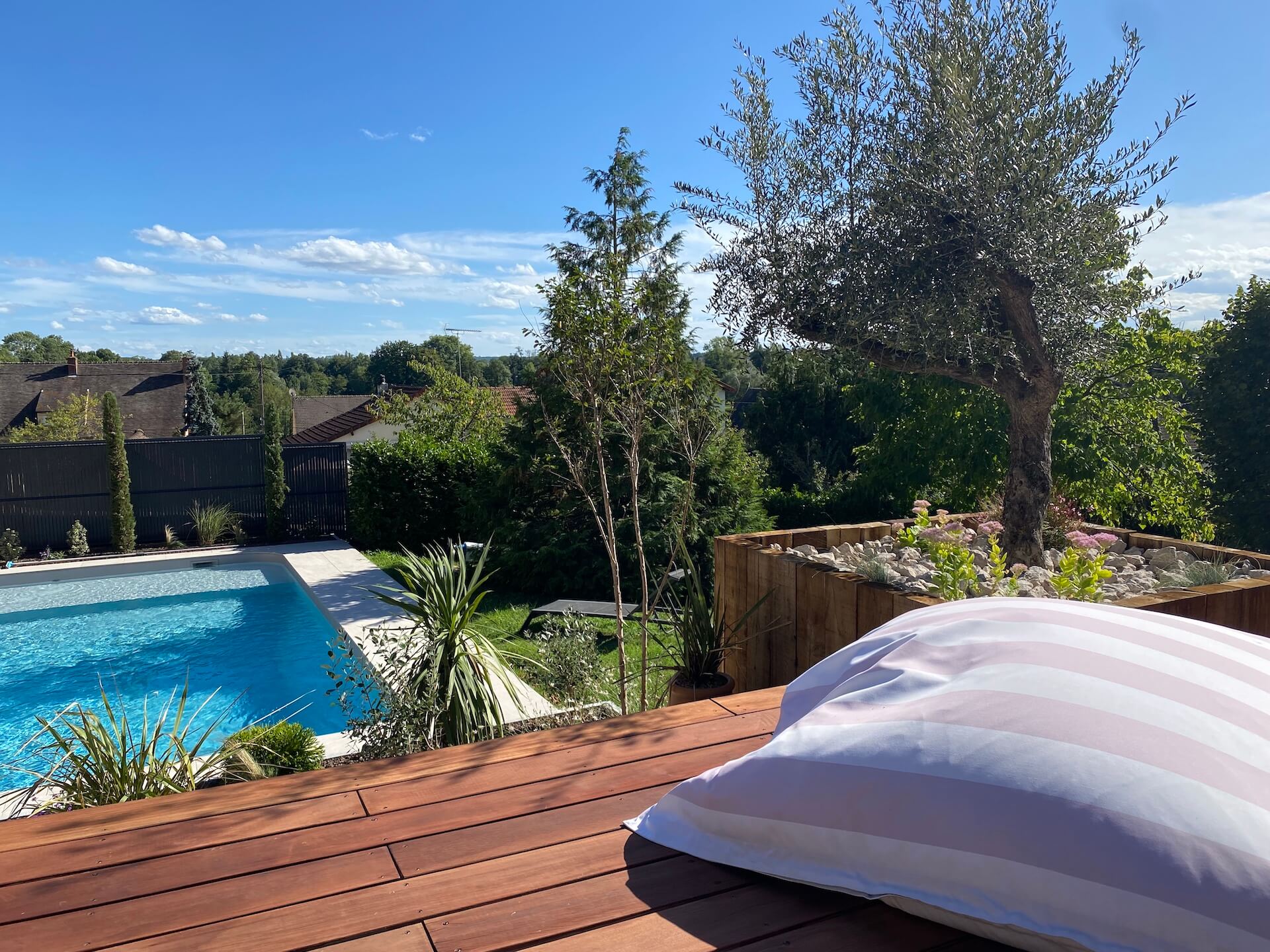 piscine rénovée avec terrasse et olivier en saone et loire